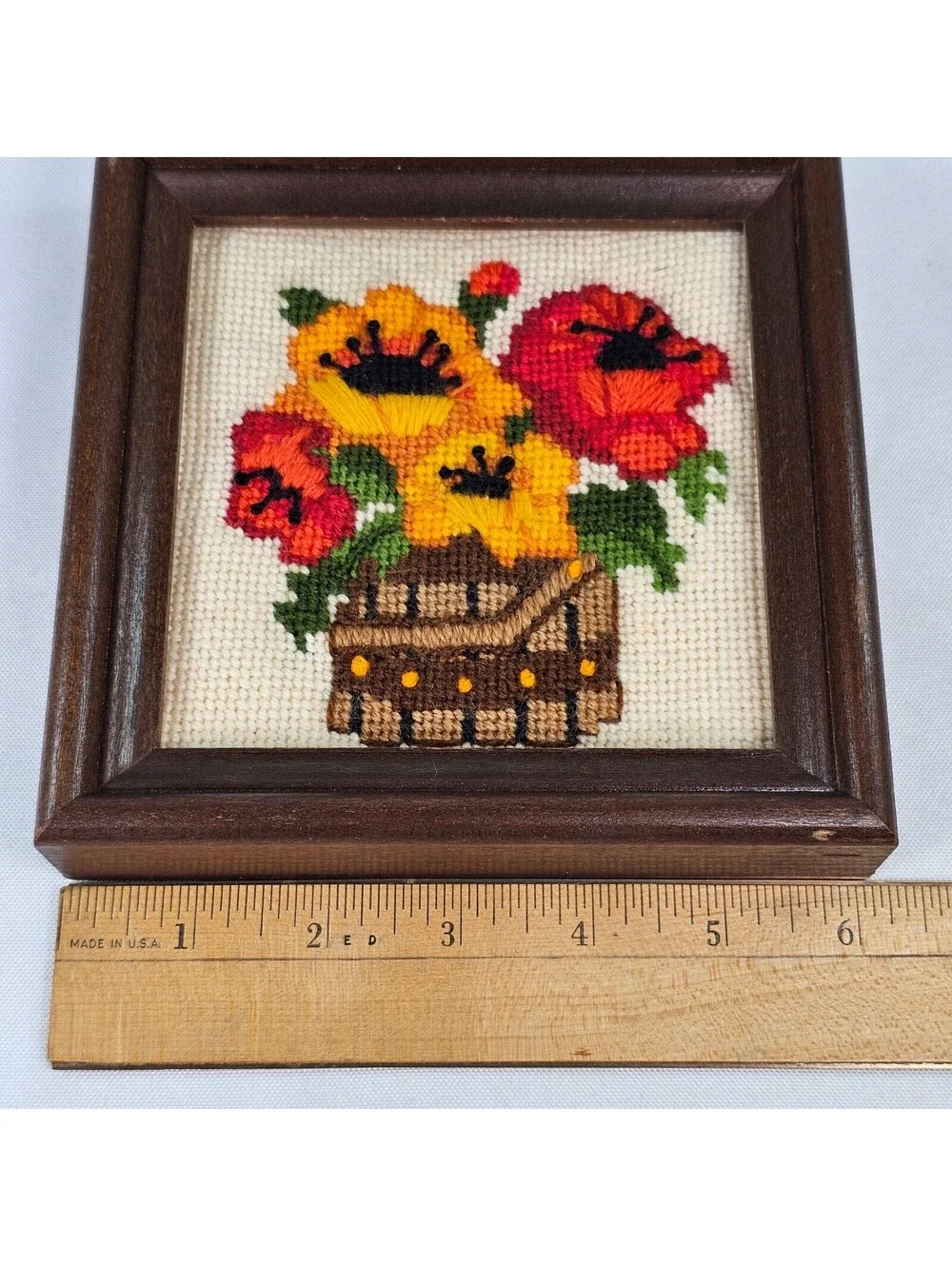 Vintage Needlepoint Floral Basket Framed Wall Art Wood Square Cottagecore 5.5in